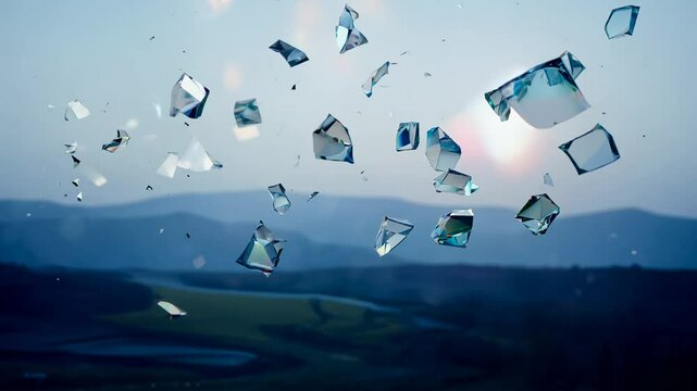 Shattering glass shards against a blurred landscape and sunset