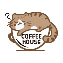 cat coffee icon logo design template