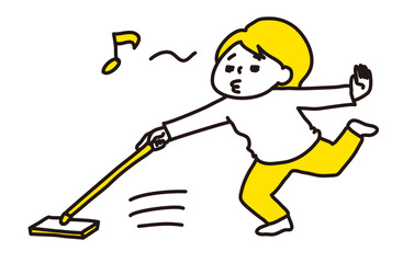 鼻歌を歌いながら、フローリングワイパーで床を磨く女性（2色）