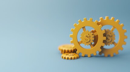Yellow gears with dollar symbols symbolize finance, industry, and teamwork on a light blue background.