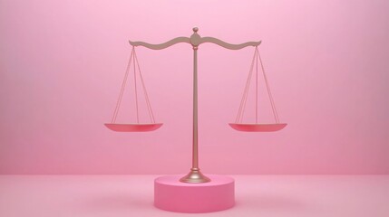 A delicate scale balances on a pink pedestal, symbolizing justice and fairness in an aesthetically pleasing design.