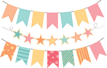 Obraz premium Vector Party Flags, Colorful Garlands, Festive Decorations for Celebrations and Events