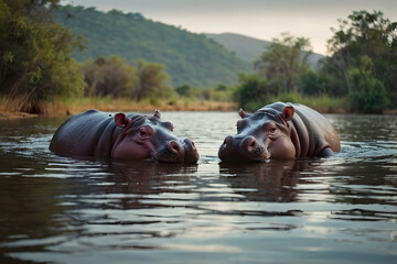 Fototapeta premium Two cute baby hippies playing in a lake