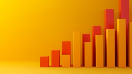 A vibrant bar graph with varying heights in shades of orange and red, set against a bright yellow background, illustrating growth or progress.