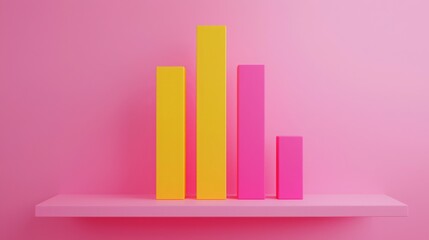 A vibrant display of colorful bar graphs in pink, yellow, and purple on a pink background, showcasing data visualization and modern design elements.