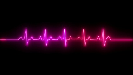 Neon digital heartbeat icon plus on black background.