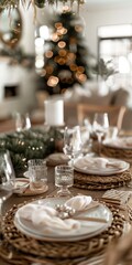 Naklejka premium A table with a Christmas tree in the background and a white tablecloth. The table is set with plates, glasses, and silverware. Scene is festive and warm