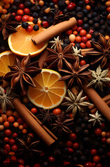 Christmas spices, fruit pieces, baubles, seeds and leaves abstract background. Vertical composition.