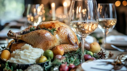 Roast turkey dinner with wine and candles.