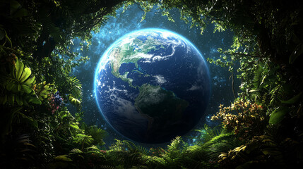 abstract representation of Earth surrounded by lush greenery, showcasing beauty of nature and planet vibrant colors