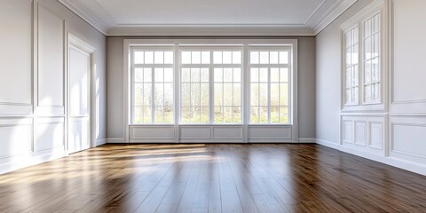 Obraz premium A large, empty room with white walls and wooden floors. The room is large and open, with a lot of natural light coming in through the windows. The space is clean and uncluttered