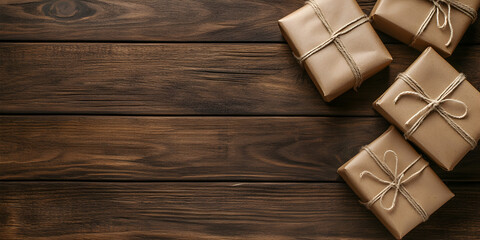 Fototapeta premium Rustic Gift Wrapping: A flat lay showcasing several brown paper-wrapped gifts tied with twine against a backdrop of rustic wooden planks. The image exudes warmth, simplicity, and a touch of nostalgia.