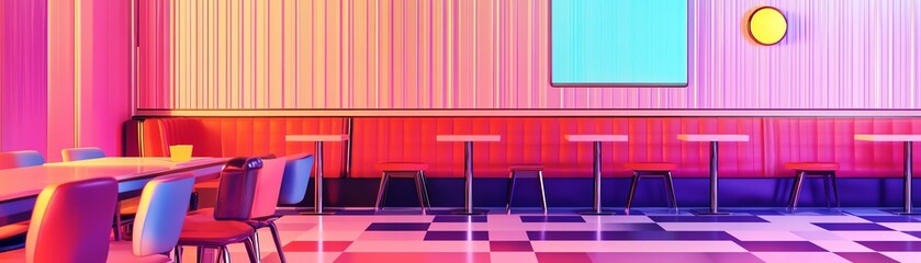 Neon dining room decor, checkerboard floor, geometric wall patterns, flat design illustration