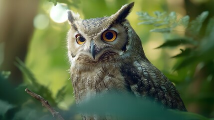 Obraz premium Wise Old Owl Perched in Moonlight - Enchanting Portrait with Ultra-Detailed Features