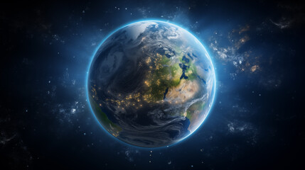 Obraz premium Planet Earth with detailed relief and atmosphere. Blue space background with earth and galaxy.