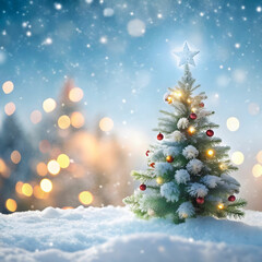 empty white snow with blur Christmas tree with bock