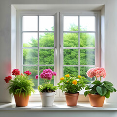Fototapeta premium flower plants near window on white