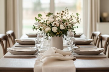 Fototapeta premium Elegant Dining Table Setting with Floral Centerpiece and Neutral Tones in a Modern Home Interior