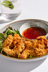Crispy Chicken Strips with Sweet Chili Sauce on Elegant Plate in Bright Sunlit Setting
