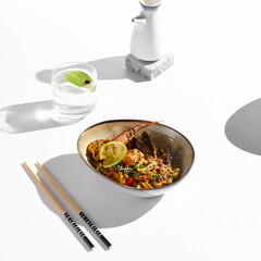 Gourmet Seafood Udon Minimalist Elegance with a Bright Color Palette