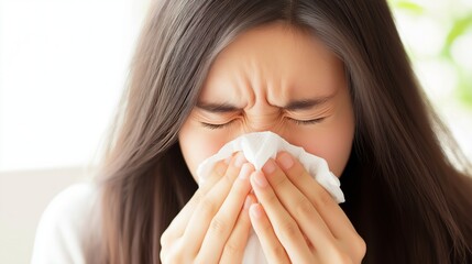 Young woman experiencing discomfort while blowing her nose indoors during allergy season.