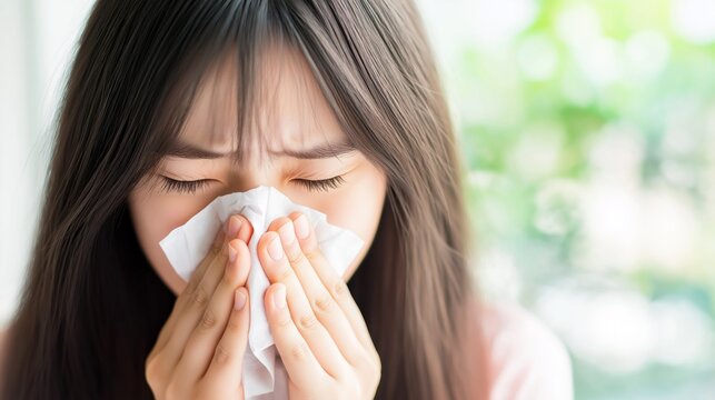 Young woman experiencing discomfort while blowing her nose indoors during allergy season. - Powered by Adobe