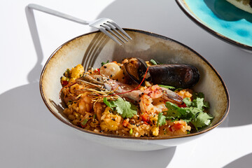 Vibrant Seafood Fried Rice with Natural Lighting and Bold Colors