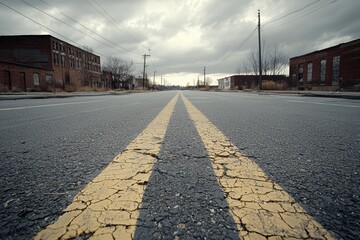Bleak Urban Decay: Eerie Abandoned Cityscape with Cracked Pavement and Desolate Buildings Under Gray Skies