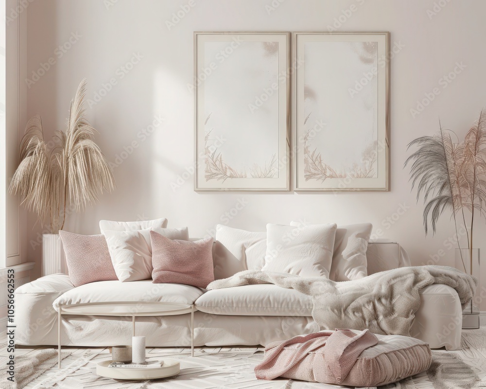 Wall mural A cozy living room with a white sofa. pink pillows. a coffee table. and two framed pictures on the wall The room is decorated in a minimalist style with a soft pink and white color palette