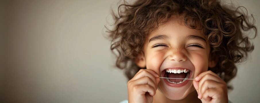 Little child learning proper flossing technique for oral hygiene and dental health education
