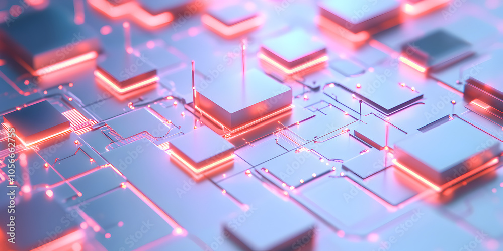 Poster abstract digital circuitry: a mesmerizing abstract image of glowing red lines connecting metallic cu