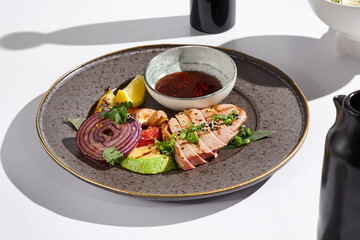 Gourmet Grilled Tuna Steak with Vegetables Elegant Neutral Tones and Minimalist Composition