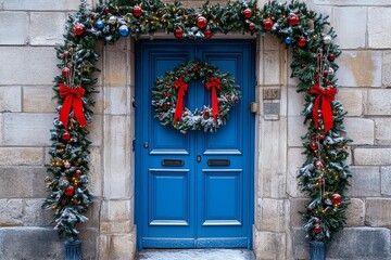 Festively Decorated Blue Door with Christmas Wreaths and Garlands, Creating a Joyful Atmosphere for New Year’s Celebration.