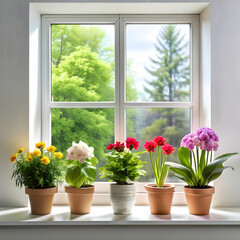 Fototapeta premium flower plants near window on white