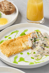 Gourmet Mushroom Omelet in Cream Sauce with Elegant Composition and Soft Lighting