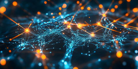 Neural Network Abstract:  Intricate web of glowing nodes and connections, visualizing complex data flow and artificial intelligence.