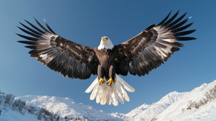 Fototapeta premium Majestic Eagle Soaring Above Mountain Range in Bright Blue Sky, Symbolizing Freedom and Power in Nature, Ultra-Detailed Portrait Photography
