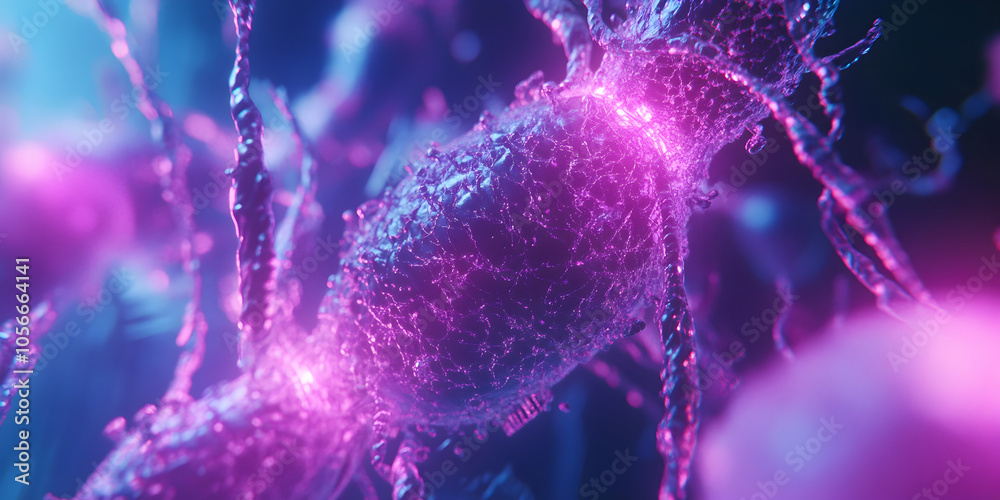 Poster neuronal network: a mesmerizing close-up of a glowing neuron, its intricate structure and pulsating 