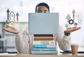 Business, man and choice with arrows in office for hologram, production growth and books inflation. Male accountant, laptop and product launch with development, investment profit and solution process