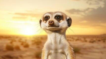 Curious Meerkat Standing Upright in Desert at Sunset - Capturing Inquisitive Nature and Habitat Beauty