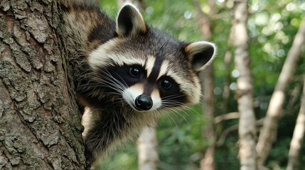 Curious Raccoon Peeking Out from Behind Tree with Mischievous Expression in Detailed Forest Setting
