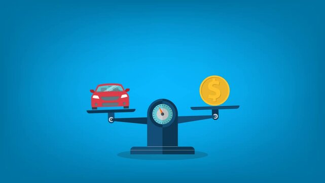 Car and coin on the scale. Vehicle value concept	