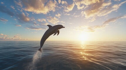 Fototapeta premium A dolphin performing a high jump and spin above the water, with a backdrop of a serene ocean 