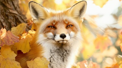 Naklejka premium Majestic Red Fox Portrait in Autumn Foliage - Capturing the Beauty of Nature in Vibrant Detail