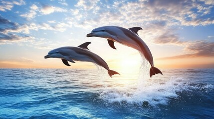 A dolphin performing a high jump and spin above the water, with a backdrop of a serene ocean 