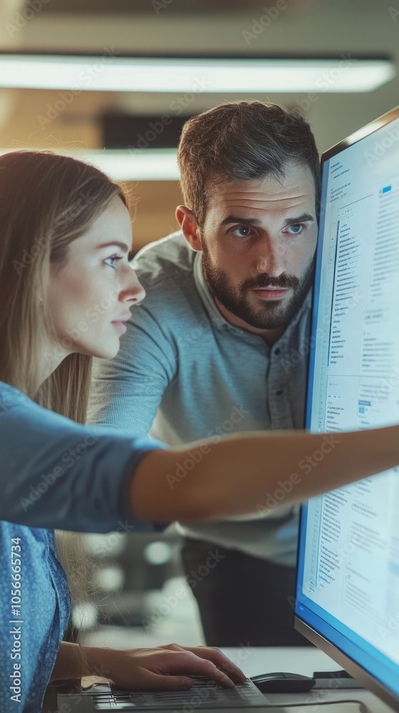 Poster a man and a woman are looking at a computer monitor
