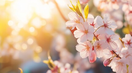 Cherry blossoms bloom under bright sunlight in spring, showcasing delicate petals and vibrant colors in a serene natural setting.