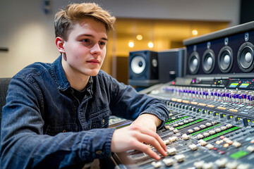 Young sound engineer working at a modern control panel, digital audio mixing and sound editing setup, cinematic atmosphere