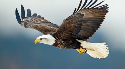 Obraz premium Majestic eagle soaring gracefully through sky, showcasing its powerful wings and striking features. symbol of freedom and strength, it glides effortlessly above landscape