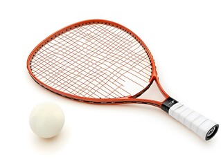 A tennis racket with an orange frame rests beside a white tennis ball, showcasing equipment for the sport.